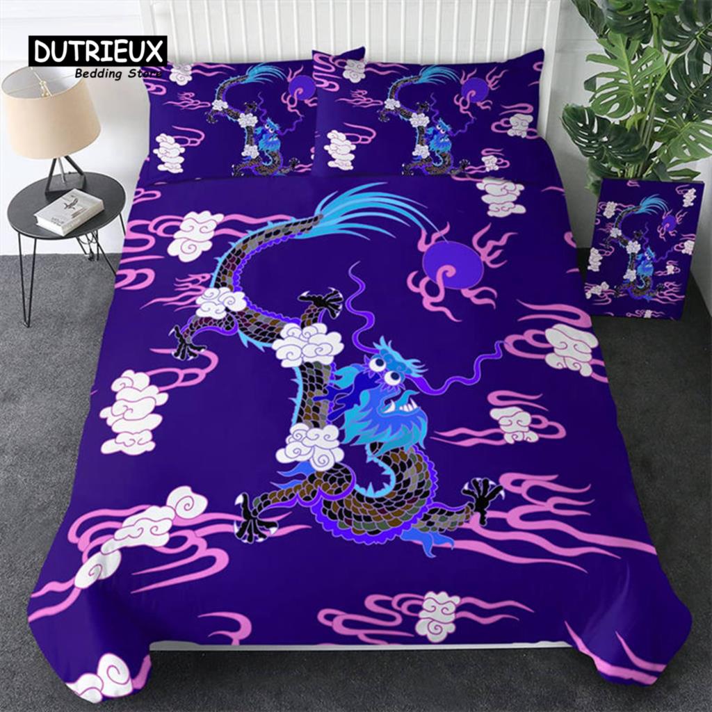 3D Dragon Duvet Cover Microfiber Blue Clouds Twin Bedding Set Chinese Historical Eastern Dragon Comforter Cover With Pillowcases