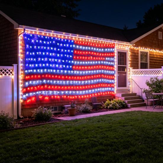 Amerikanische Flagge Netzlicht mit 420 ultrahellen LEDs Wasserdichte LED-Flaggen-Lichterkette für Hof Garten Gedenktag Unabhängigkeitstag
