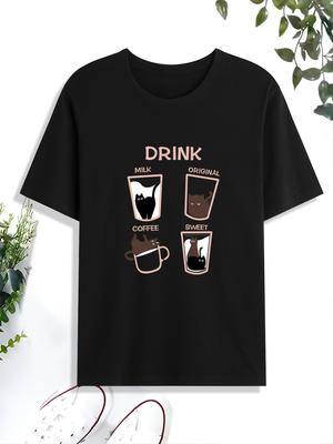 Cute Cat Drink Milk Coffee Print Graphic Tee Soft Casual Short Sleeve TShirt for Men