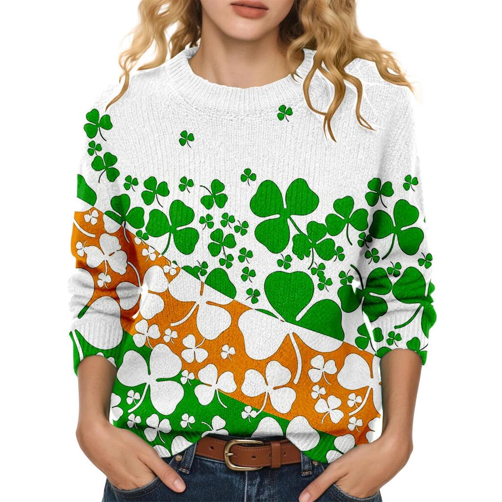 LXF-YT52 Saint Patrick's Day Fair Isle Pullover Sweater - Long Sleeve, Spring and Autumn Fashion.