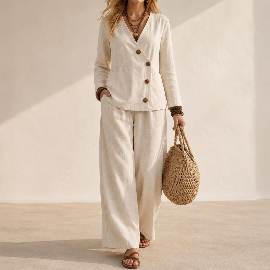 Women's V-Neck Button Long Sleeve Top and Wide Leg Pants Two-Piece Set Color Casual Suit