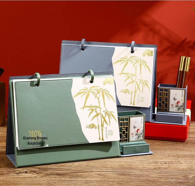 2026 Year of the Horse Leather Desk Calendar with Pen Holder, Custom Logo, Monthly Overview, Multifunctional Office Ornament.