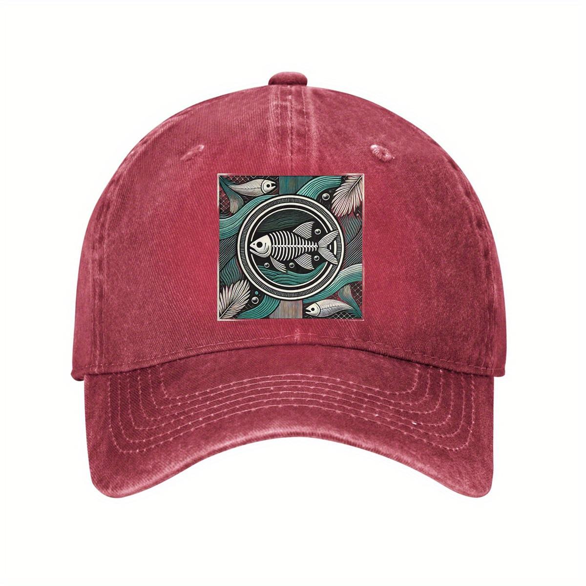 

Fish Skeleton Print Baseball Cap Vintage Washed Cotton Dad Hat Casual Adjustable for Men Women One Size