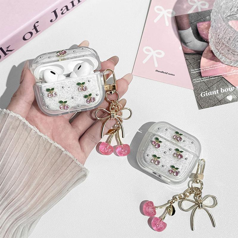 Silver Bead Glitter Powder Small Fresh Cherry Bluetooth Headset Case Is Suitable For Apple Airpodspro3 Japanese Women'S Models