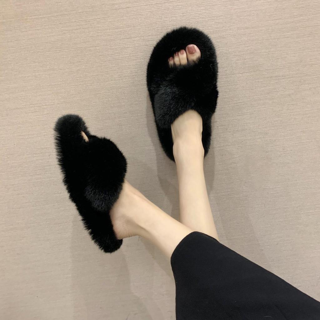 Mao Mao Slippers Women's Outer Wear 2025 New Korean Version Ins Trendy Flat Autumn and Winter Fashion Leisure Home Cross Cotton Mop