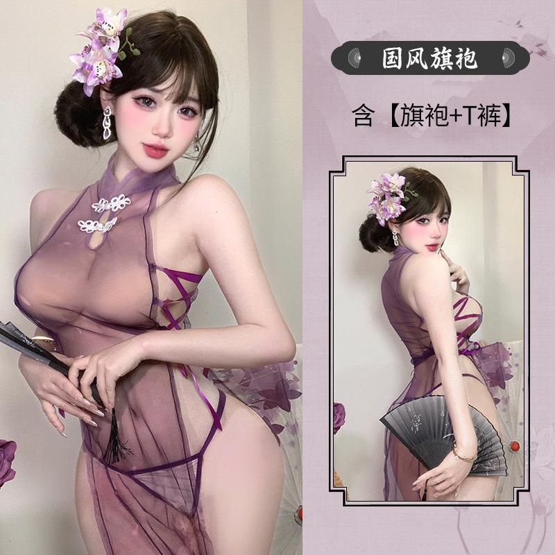 Women See Through Cheongsam Dress Sexy Halter Lingerie Set Dress Lace High Split Mesh Nightgown Chinese Couple Games Sex Uniform