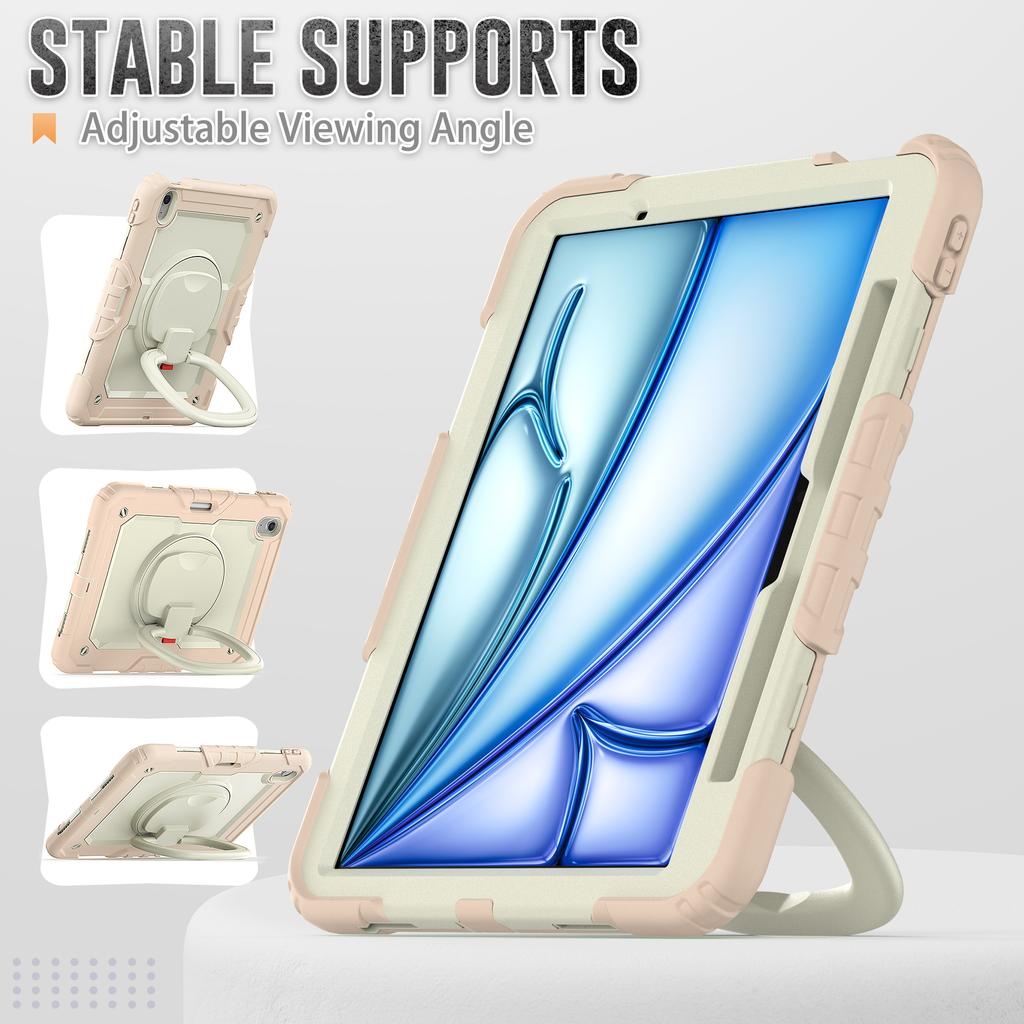 For iPad Air 11 (2025)/(2024) Case Hand Grip Kickstand Pen Slot PC+Silicone Tablet Cover with Strap