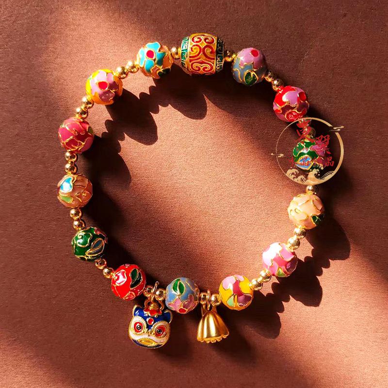 Duobao Jingtai Blue Enamel Chinese Lucky Beads Lotus Bracelet with Blooming Flowers and Waking Lion Design