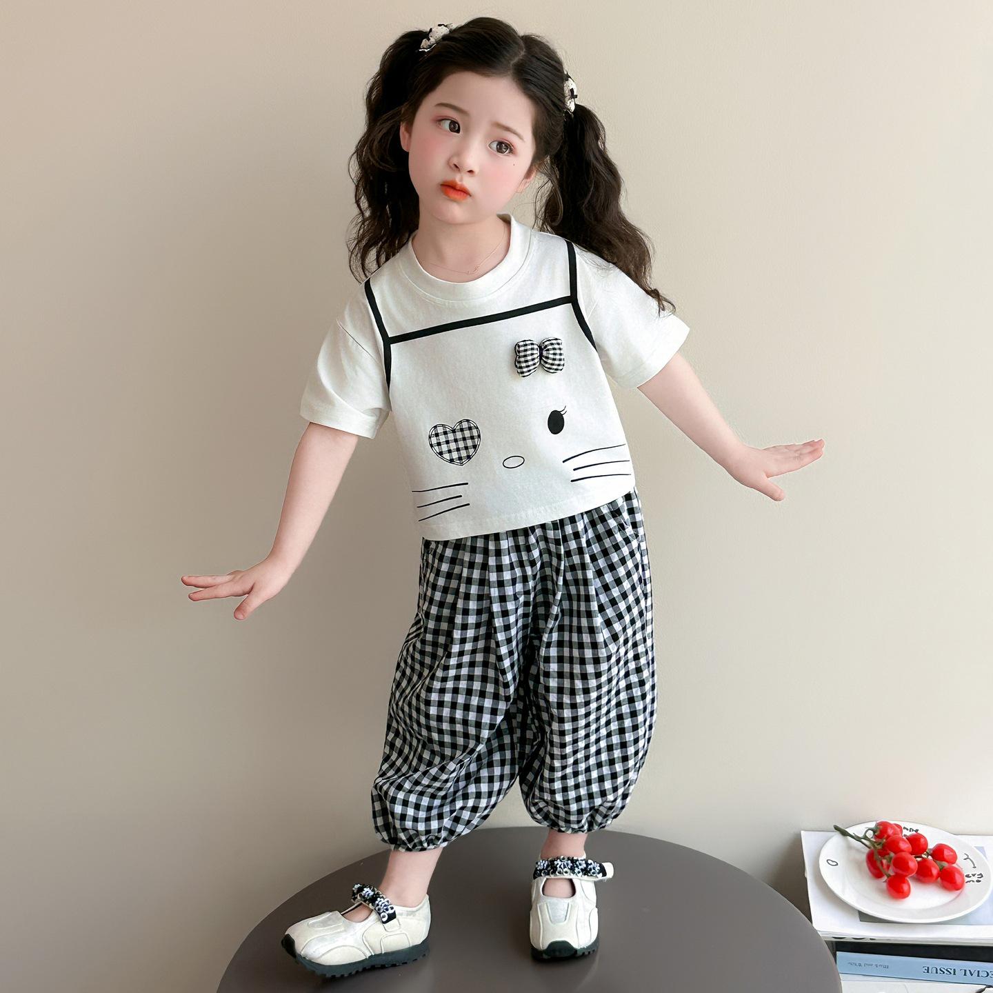 2026 Summer Girls Fashion: Cartoon Cat Plaid Two-Piece Outfit 90 cm