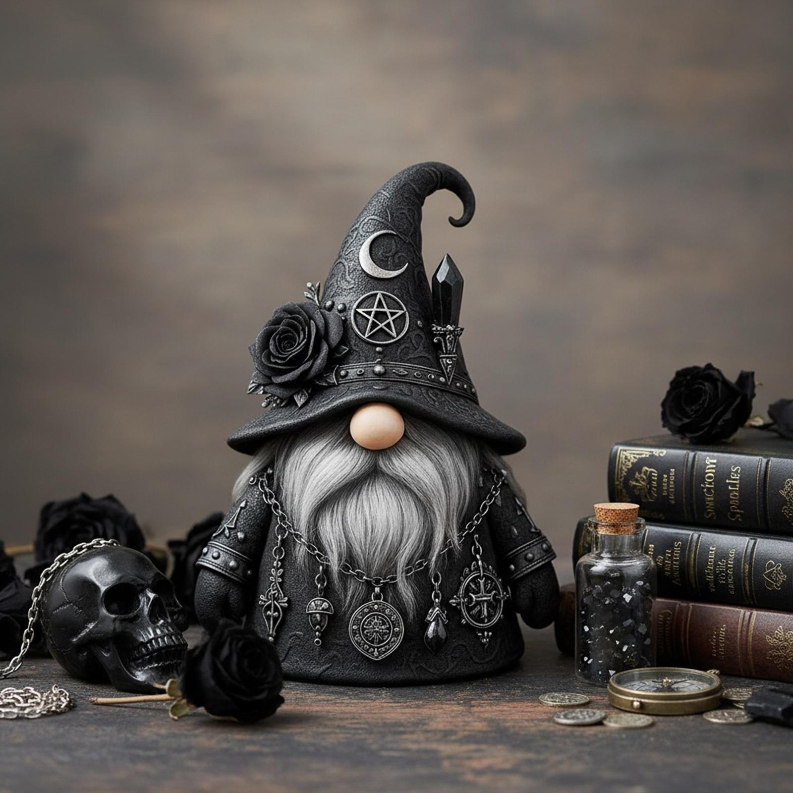Gothic Wizard Gnome Figurine, Halloween Gothic Gnomes Collectible Fall Decor, Resin Wizard Statue for Indoor Scary Table Shelf Tier Tray Ornament