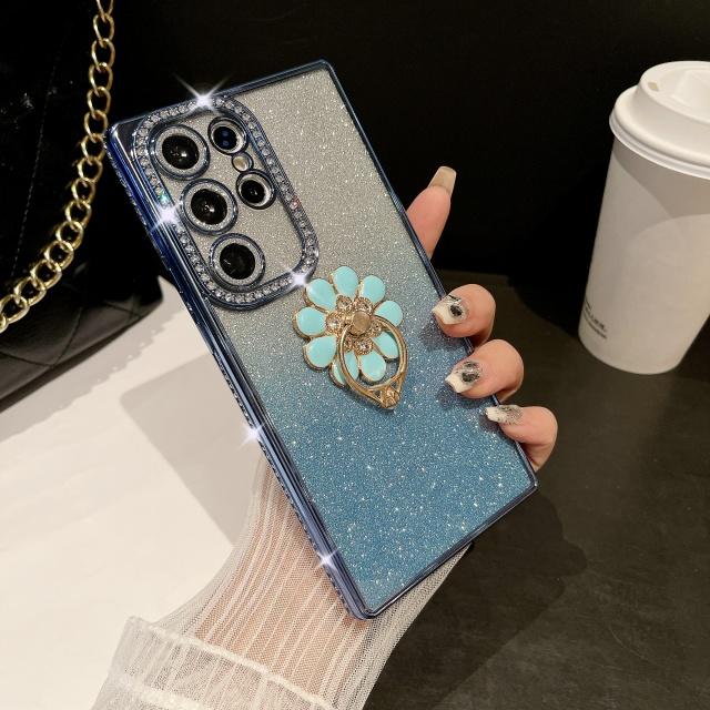 For Samsung Galaxy S25 Ultra Luxury Plating Rhinestone Frame Diamond Ring Stand Phone Case For Samsung S22 S23 S24 S25Plus Cover