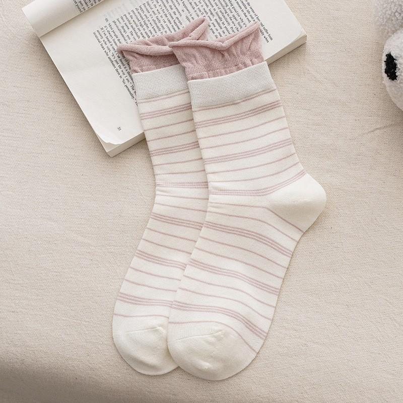 Socks Pure Cotton Boneless Medium Tube Socks Spring And Autumn Thin Hong Kong Style Retro Crimped Striped Cotton Stacking Socks