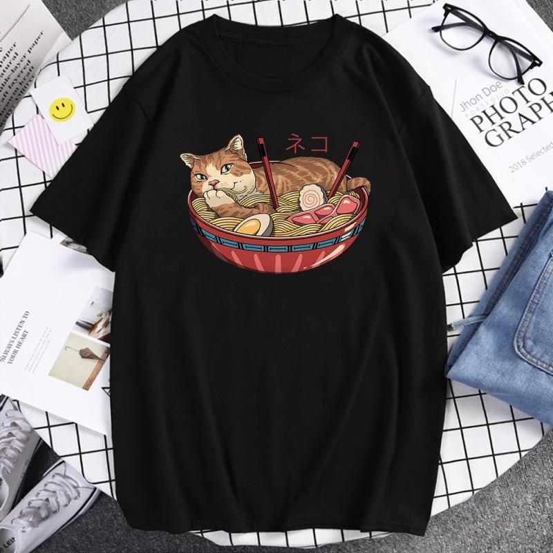Japanese Harajuku Samurai Sword Cat T-Shirt Men Women Casual Tee Clothes Polyester Summer Tops Breathable Oversized T-Shirts Couple