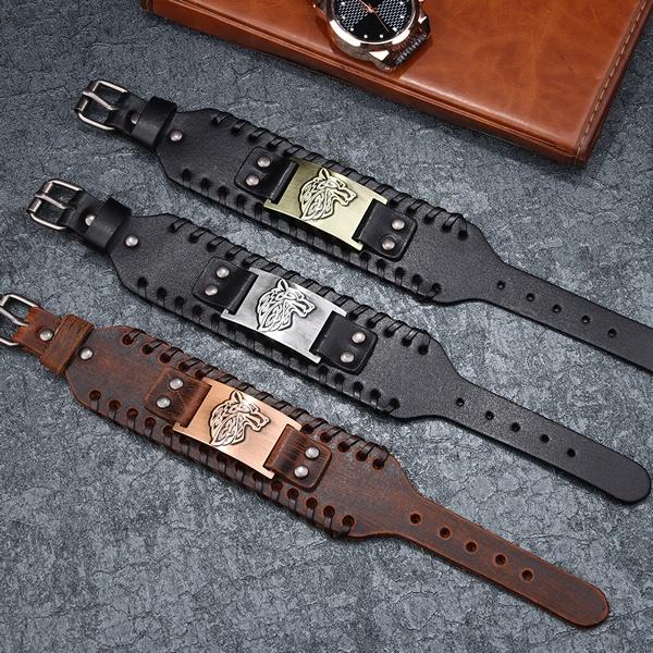 Retro Vintage Deri Bileklik Homme Tokalı Kurt Bileklikler Punk Manşet Bilezik Bileklik Erkek Takı Pulseras Hombre Pulseira Masculina MIT