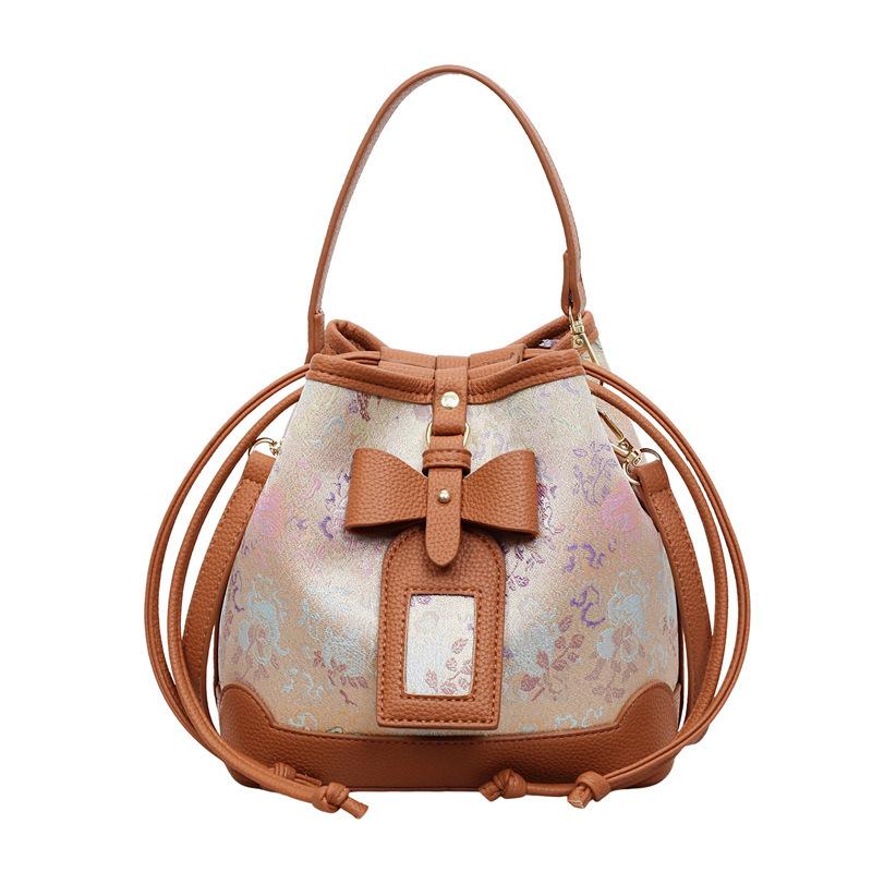 Bucket Bowknot Vintage Handbag with Ethnic Style and Three-color Glaze Bucket Bag for Casual Wear