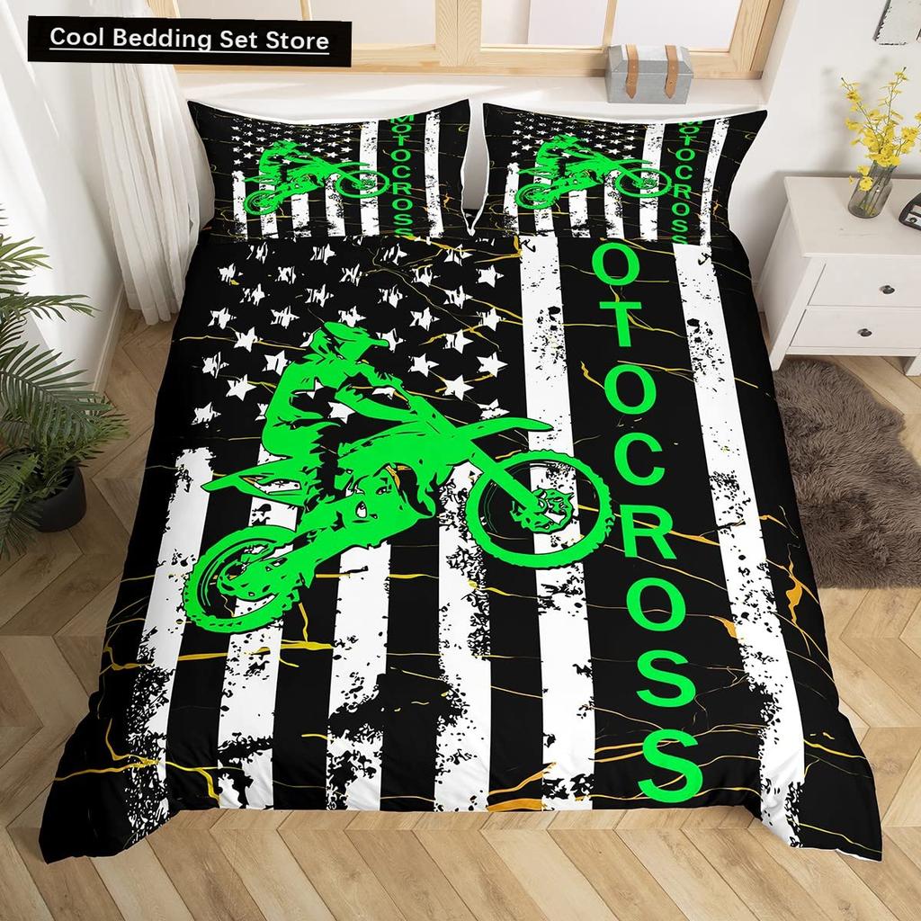 Dirt Bike King Queen Duvet Cover Motocross Sports Bedding Set Motorcycle Quilt Cover Youth Cool Black White Soft Comforter Cover