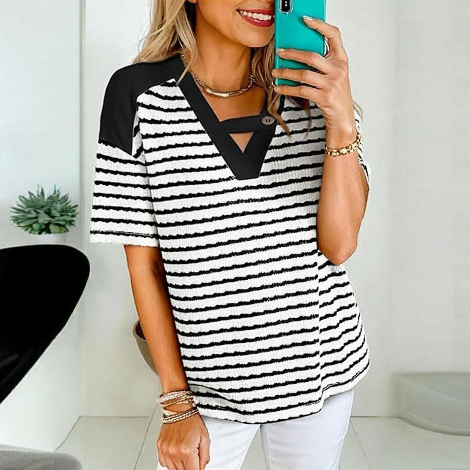 Women s Casual Short,sleeved V,neck Striped Color,blocked T,shirt/shirt S чёрный