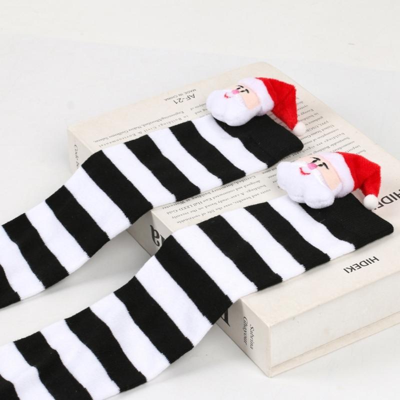 Cartoon Santa Christmas Stockings for 6-10Y Children Over the Knee Socks for Little Girls Unisex Winter Striped Socks