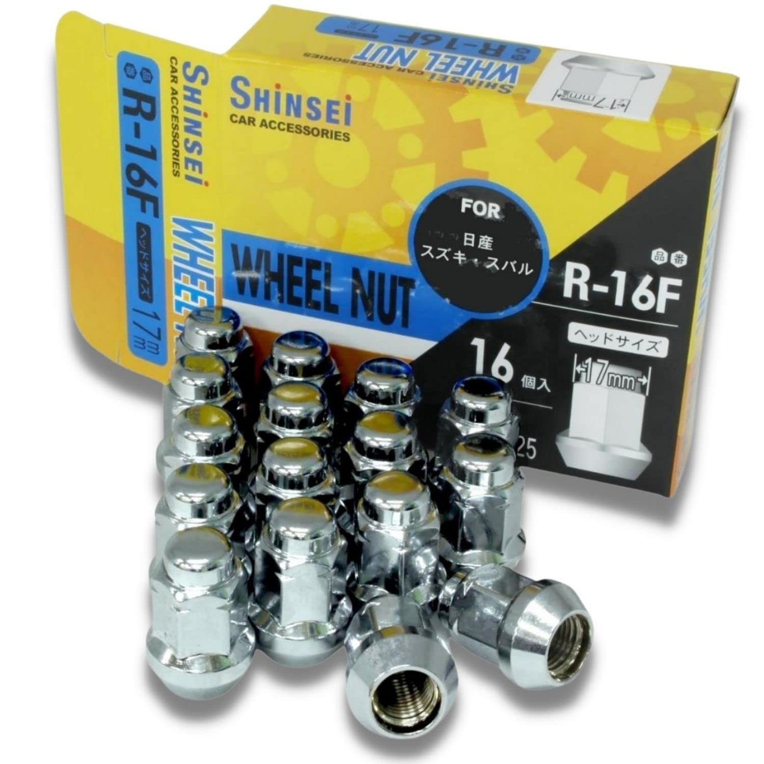 SHINSEI Wheel M12 x 60 Degree Tapered Pack of Shinsei Carbon Compatible with Lug 17mm Hexagonal x Overall Length Nuts, P1.25, Seat, 16, Steel,