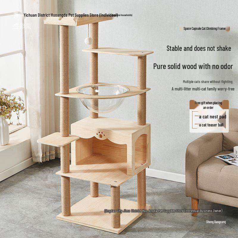 Solid Wood Multi-Layer Cat Climbing Frame with Space Capsule Bed and Shelf