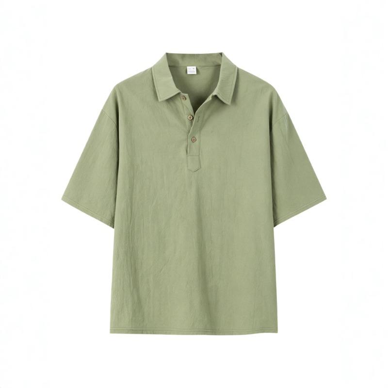Men's Linen-Look Short Sleeve Polo Shirt Casual Button Placket Collared Top