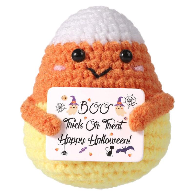 Handmade Halloween Skeleton Crochet with Positive Card Home Halloween Decoration Funny Knitted Death Skull Doll Ornament Decor