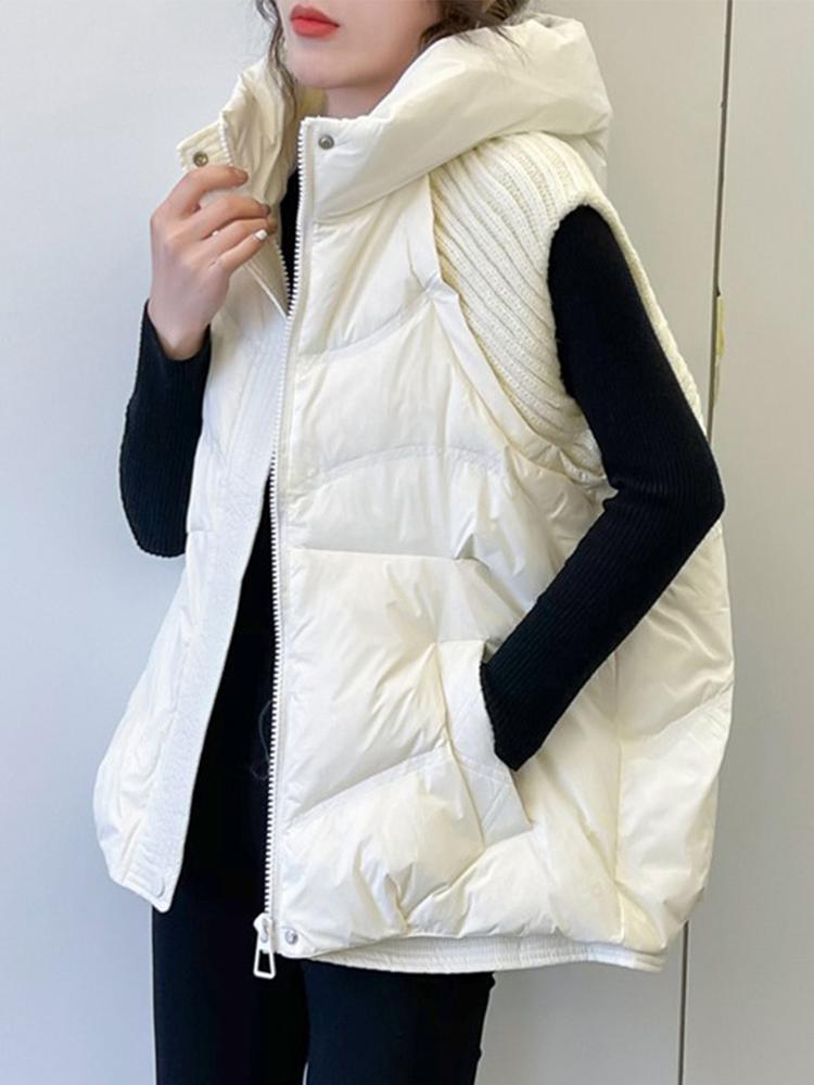 Women's Winter Knitted Duck Down Hooded Vest Sleeveless Warm Coat