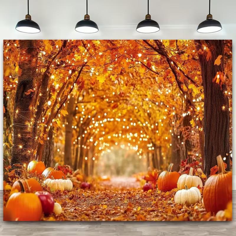 2D Fall Maple Tree Backdrop, Autumn Pumpkin Lane with Lights Thanksgiving Photography Background