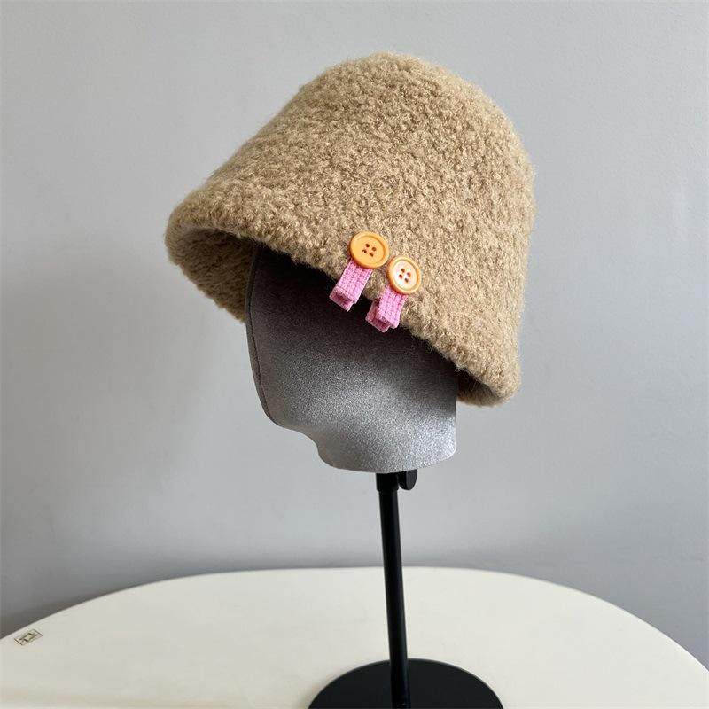Wool Loop Yarn Thickened Bucket Hat Cute Button Shelf College Wind Small Fresh Warm Fisherman Hat