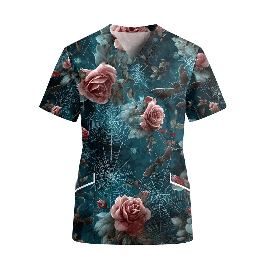 Women V Neck Short Sleeve Work Top with Pockets Halloween Print Floral Pattern Spider Web Design Casual Medical Scrub Shirt