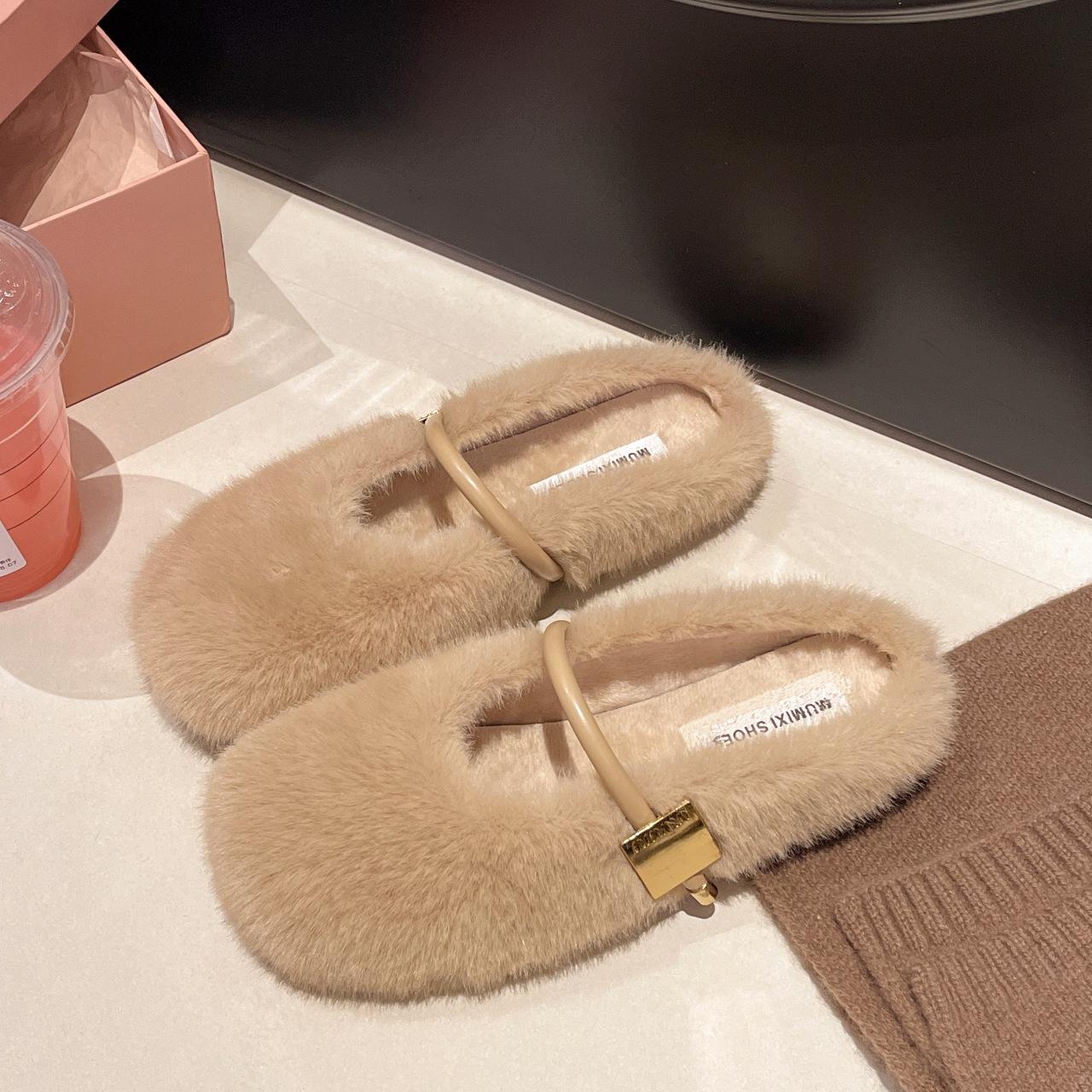 

Французские простые и красивые пушистые туфли для женской новой осенне-зимней верхней одежды 2025 года, плюшевая плоская подошва с юбкой, пушистые тапочки для женщин 40 хаки