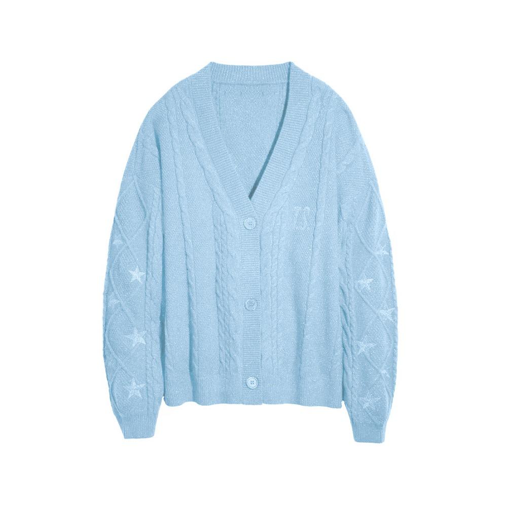 Women's V Neck Cable Knit Cardigan Star Embroidery Loose Lazy Style Wool Sweater Coat