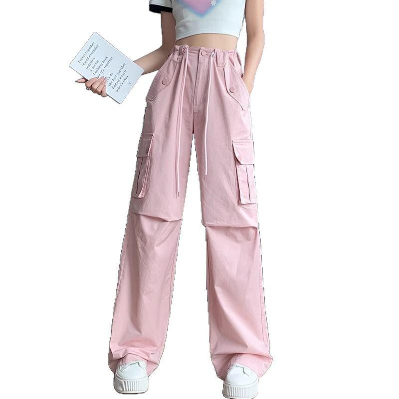Women's High Waist Pink Cargo Pants - 2025 Spring Collection - Straight, Loose Wide Leg, Drape, and Casual Sports Style