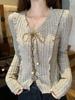 Women's Retro Tie-Up Design Long-Sleeve Textured Cropped T-Shirt for Autumn/Winter