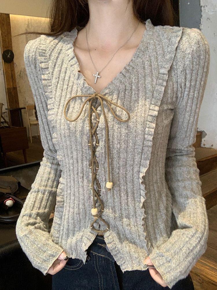 Women's Retro Tie-Up Design Long-Sleeve Textured Cropped T-Shirt for Autumn/Winter