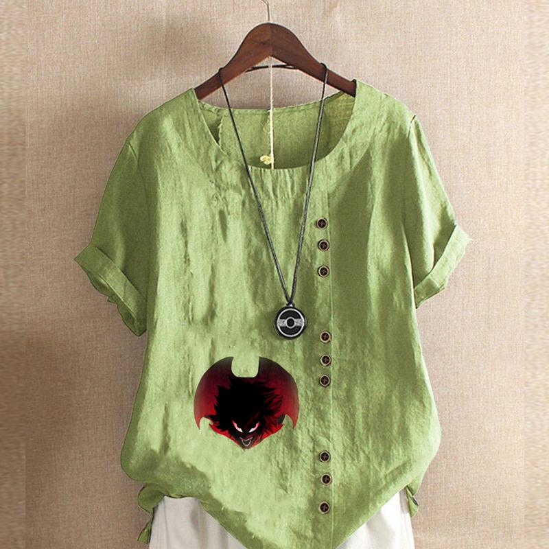 

Женская модная футболка с круглым вырезом и коротким рукавом, повседневная хлопковая льняная рубашка с рисунком, летняя блузка с принтом Angry Bat, топы, большие размеры 5XL зелёный
