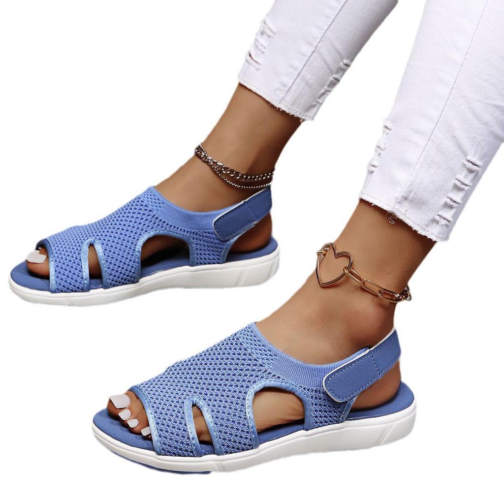 Women's Flyknit Summer Flat Sandals - Breathable, Rhinestone, Large Size Casual Beach Shoes