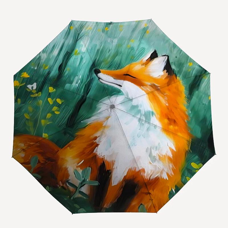 1 Stück Fuchs Wald Automatischer Faltregenschirm, 8-Rippen Langlebiger Eisenrahmen, Kompakter Reise-Regenschirm für Damen & Herren 102