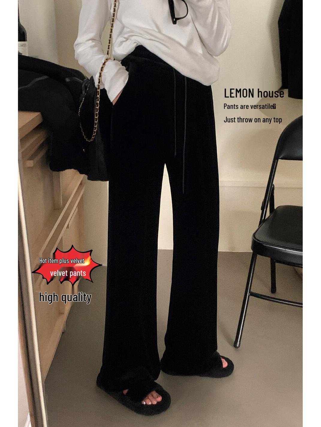 

Lemon Green Tea Velvet Wide-Leg Pants - Women s Thickened Autumn/Winter Casual Floor-Length Trousers Small чёрный