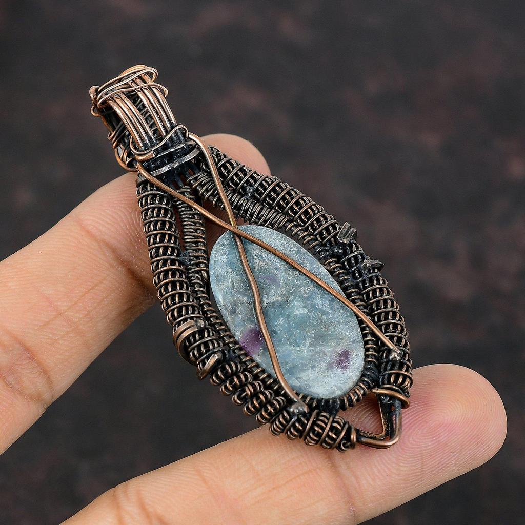 Ruby In Blue Kyanite Copper Pendant Wire Wrapped Pendant Gemstone Copper Jewelry Moonstone Handmade Pendant Wire Wrap Jewelry Gift For Him