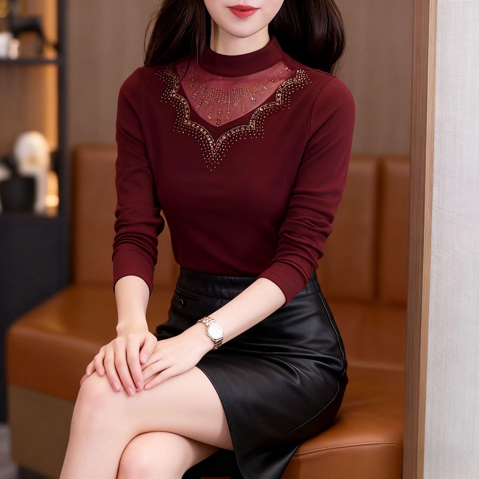 

Elegant Mesh Long Sleeve Base Layer Top for Mature Women M вино красного