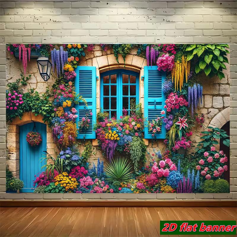 

2D European Village Garden Background, Blue Door & Flower Covered House Themed Backdrop 47.2x31.5inch/120*80cm