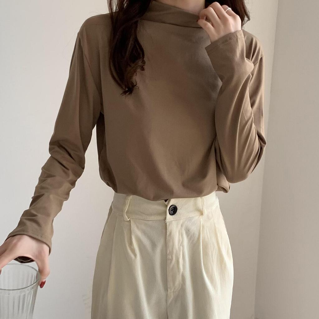Langarm Shirt Bottom Frauen T-shirts Herbst Winter Mode Weibliche Beiläufige Dünne Hohe Elastische Mock Neck T-shirts Pullover Tops