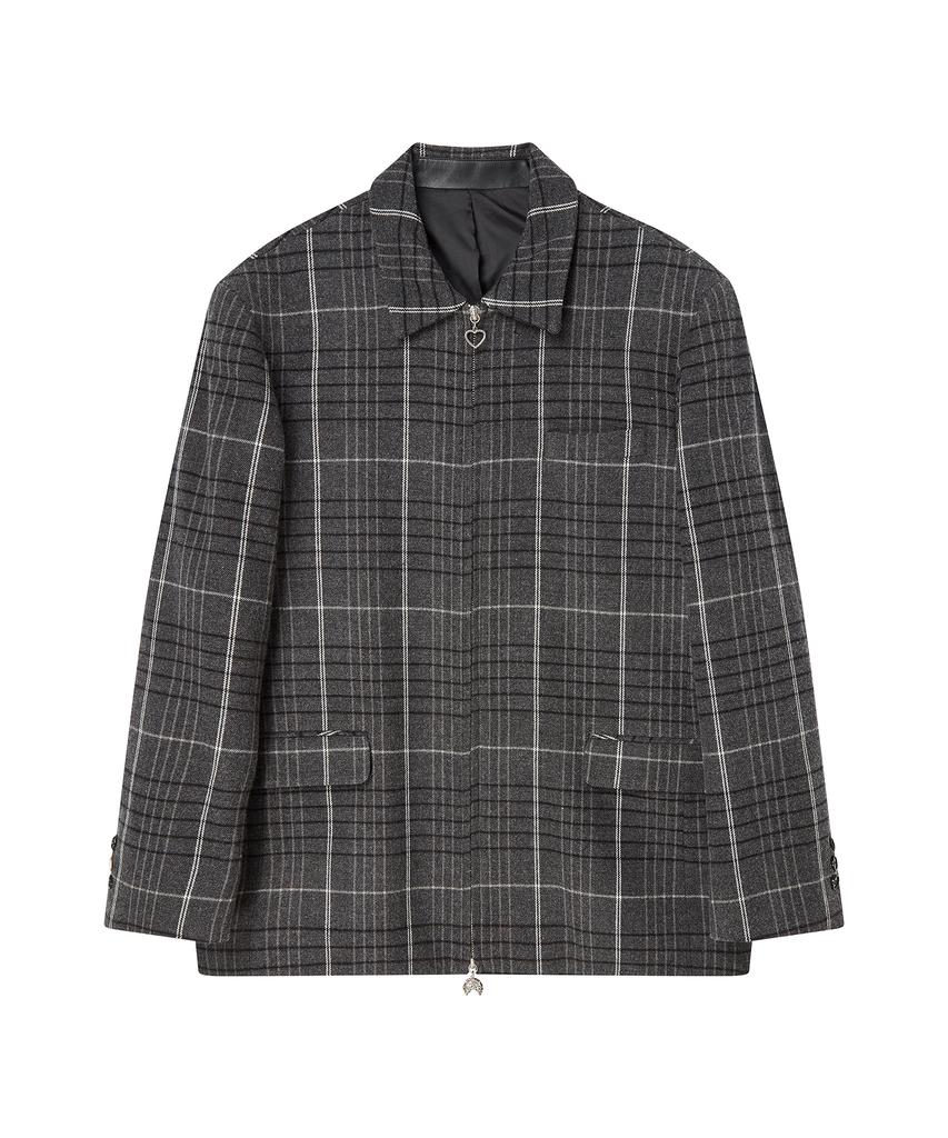 Beyond Closet [Collection Line] Vintage Detail Wool Check Riding Jacket Grey