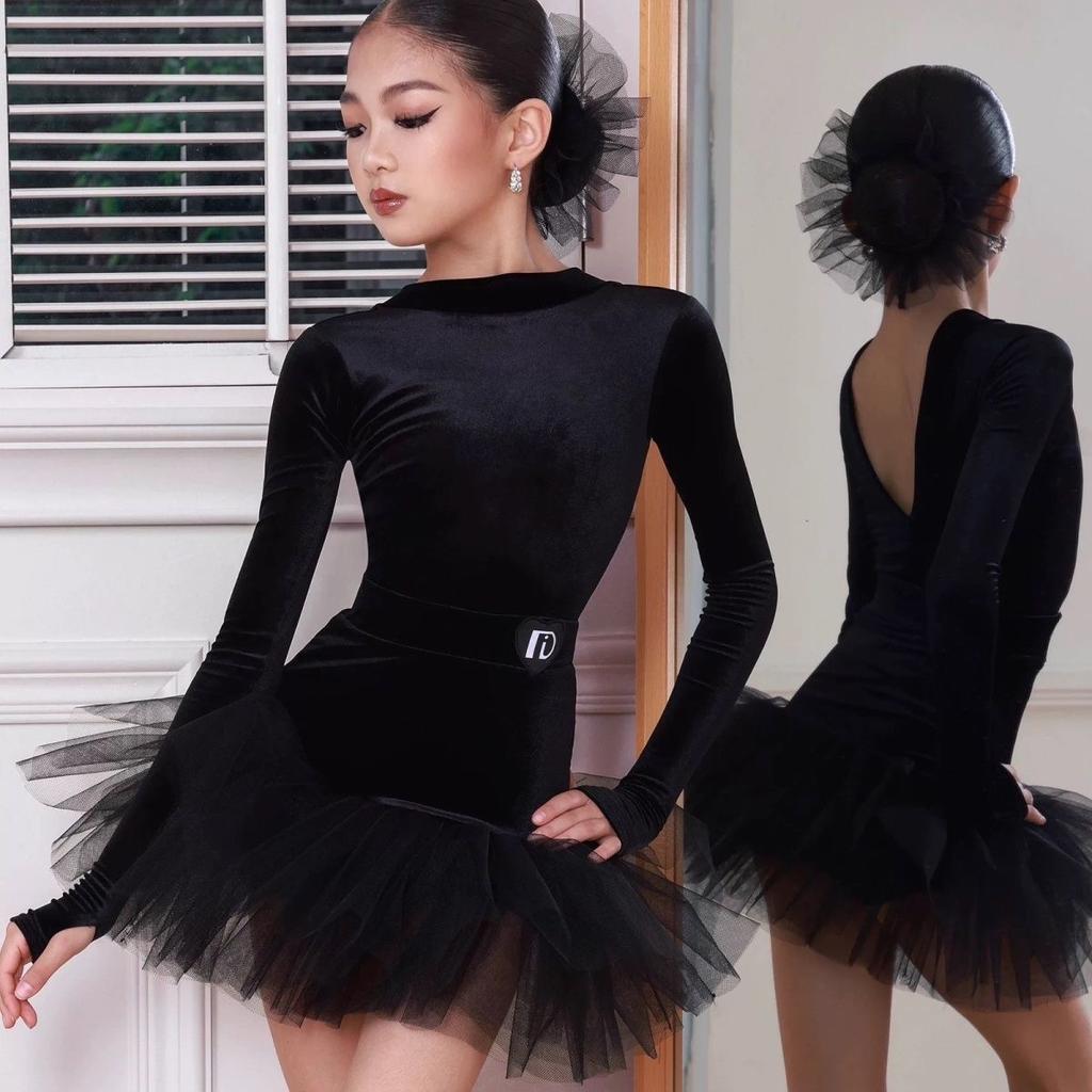 black long sleeve latin dance dress dance suit tutu latin american dance dress girl Line dance clothing dance wear suit