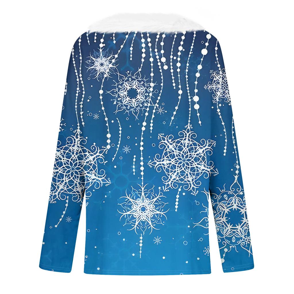 Damenmode Lässig Langarm Weihnachten Bedruckt Plüschkragen V-Ausschnitt Oberteil