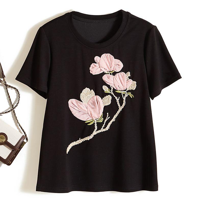 

Becomes High and Cold When Wearing It in Seconds! Elastic Brocade Cotton round Neck Embroidered Beaded Three Flower Short-Sleeved T-shirt Female Amoi Black L