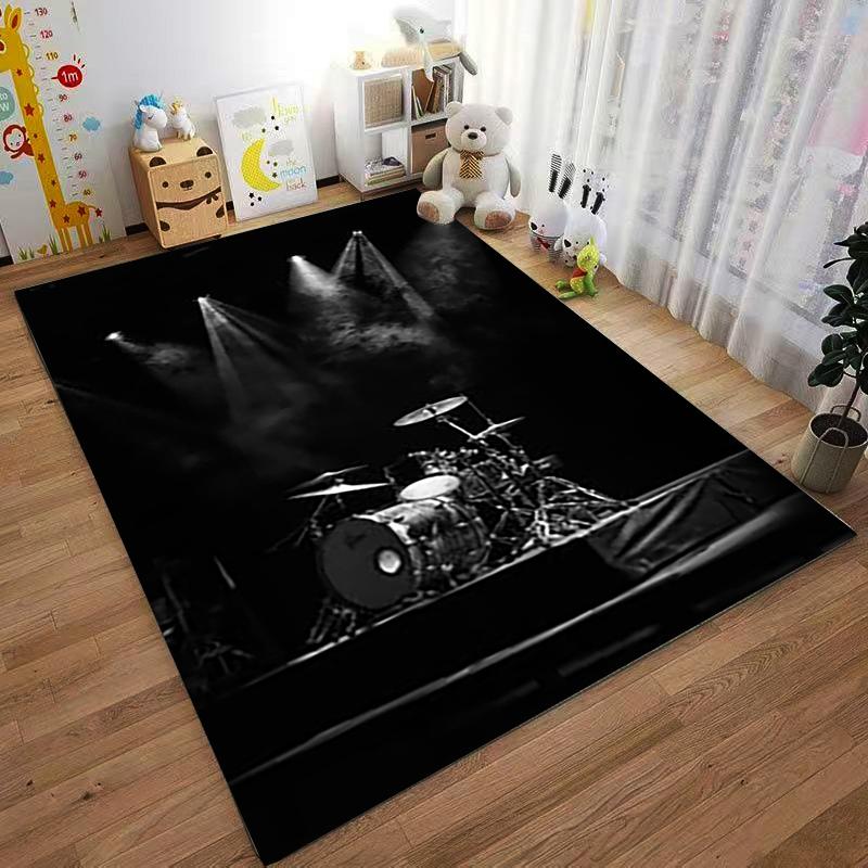 Black Carpet with Drum Set Pattern and Stage Lighting Design Suitable for Use As an Anti-slip for Living Room Bedroom Sofas