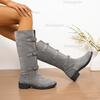 Plus Size 36-43 Women's Suede Mid-Calf Boots Metal Buckle Straps Mid Heel Knee-High Boots 2026 Autumn Winter Fashion Botas Mujer