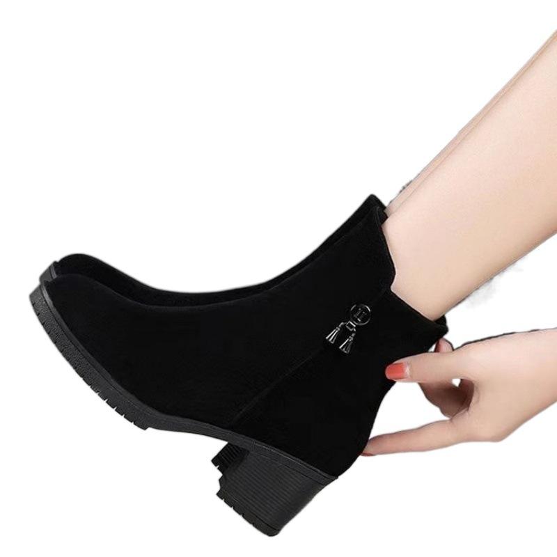 Suede Coarse Heel Round Head Martin Boots Women's Coarse Heel Short Boots British Frosted Leather Black Medium Heel One Pedal and Naked Boots